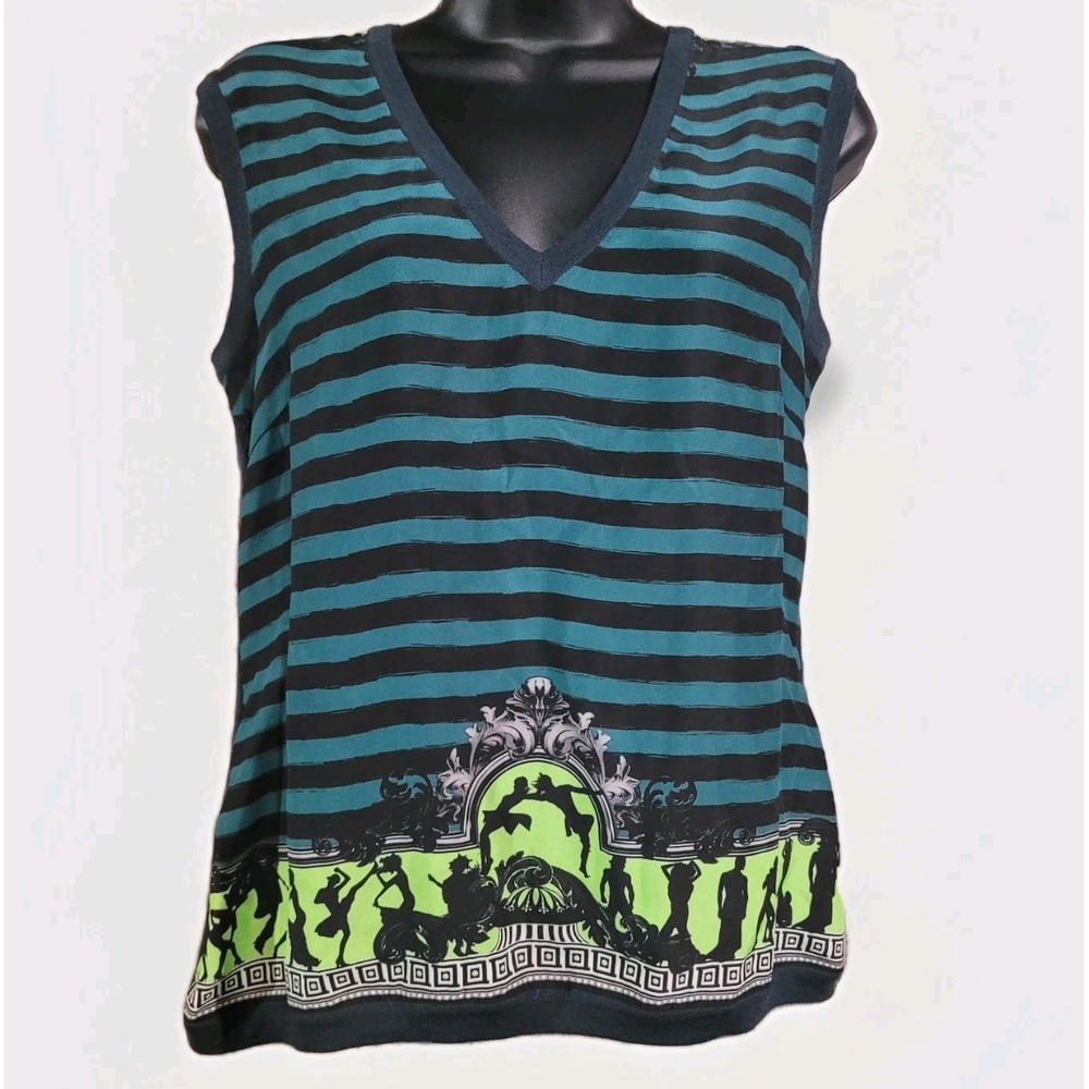 Versace Silk Tank Top Size Small? Striped Green/Black Knit V-Neck